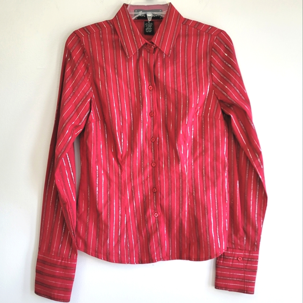 In Vain Red & Silver Metallic Stripe Long Sleeve Collared Button Down Shirt Med